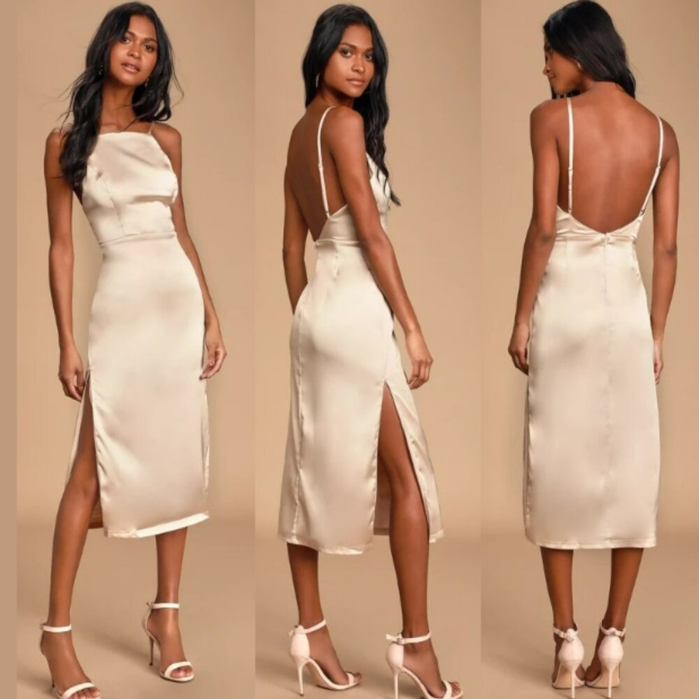 Lulu's Kaisley Cream Satin Backless Midi Dress w/ Tags Sz M